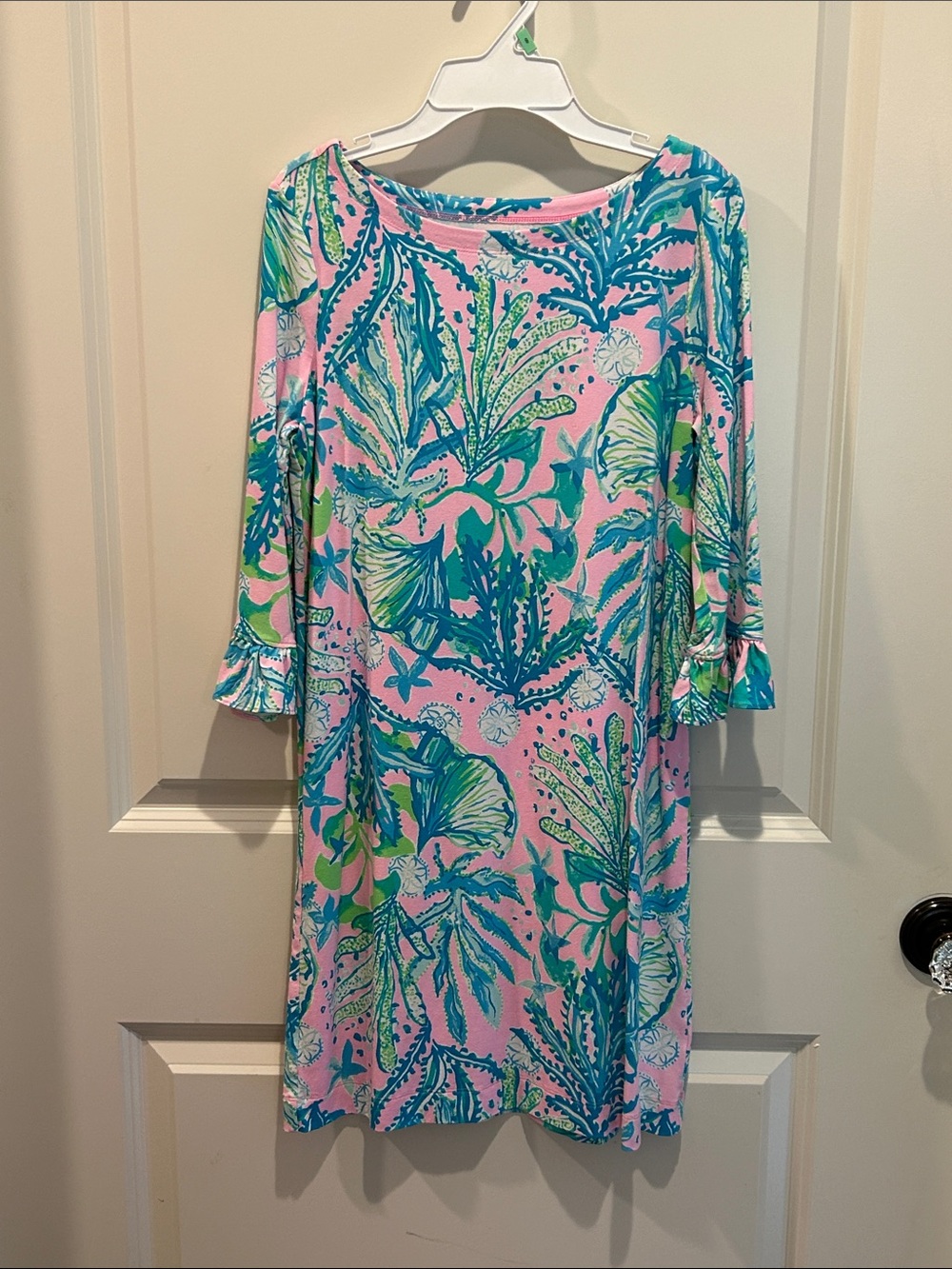 Lilly Pulitzer Girls Pink & Blue Tropical Print Shift Dress, sz XL (12-14)